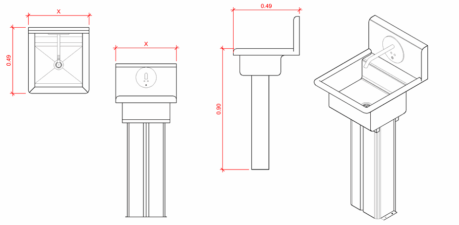Planos CAD de lavamanos de pedestal con sensor con medidas expresadas en metros Planos de lavamanos en acero inoxidable de pedestal con sensor